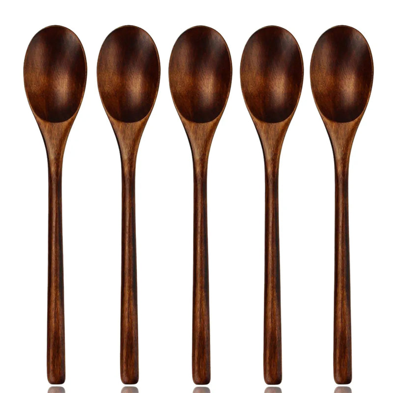 5 Pieces Wooden Spoon Soup Spoon and Fork Tableware Set
