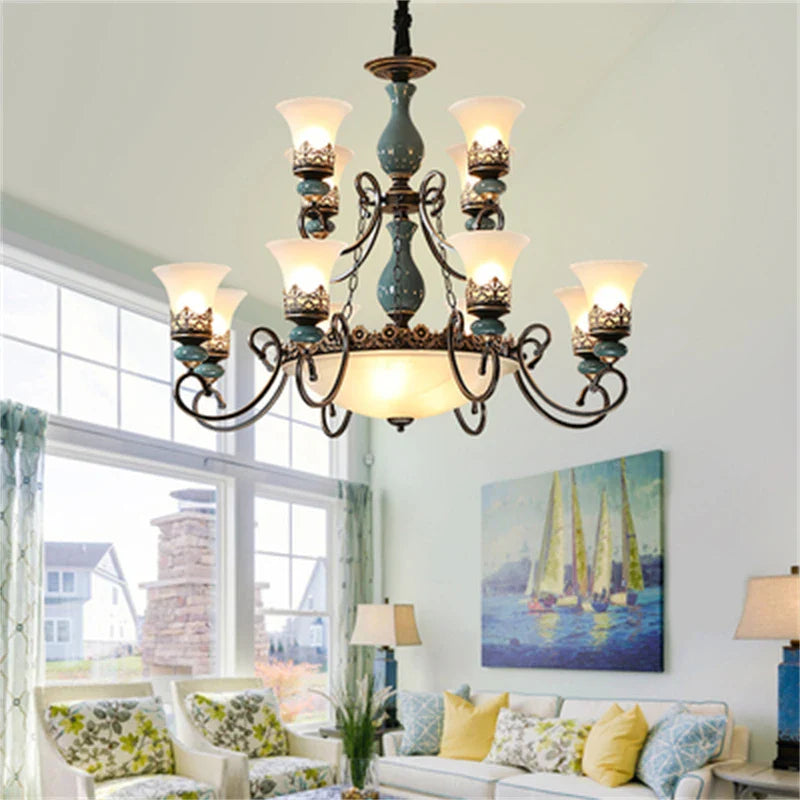 Afralia™ Vintage Ceramic Chandelier: European Classic Design, Glass Lampshade, Metal Arm Light