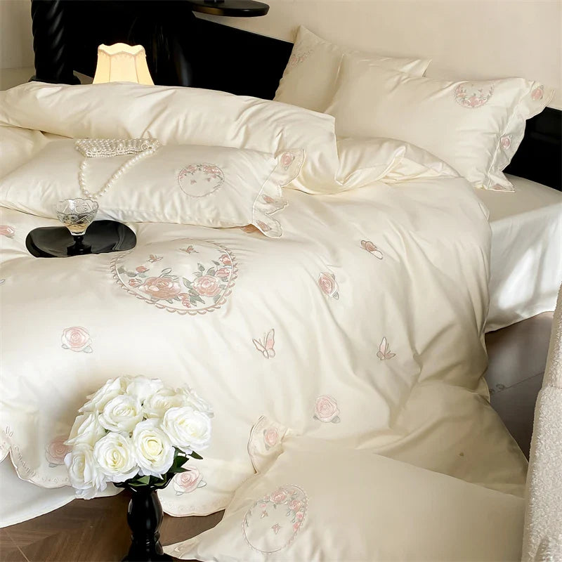 Afralia™ Rose Butterfly Embroidery Curved Edge Bedding Set: Duvet Cover, Sheet Set, Pillowcases