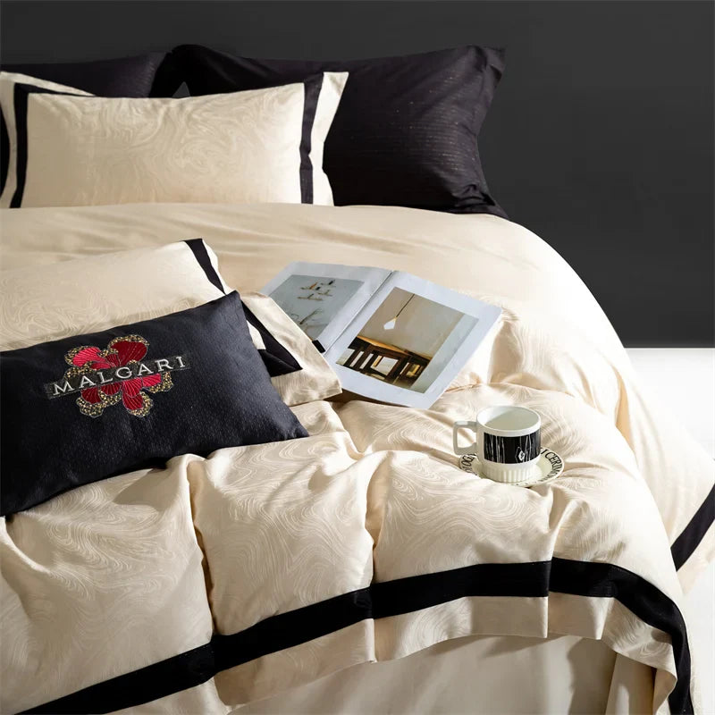 Afralia™ Champagne Gold Satin Jacquard Cotton Bedding Set - 4Pcs