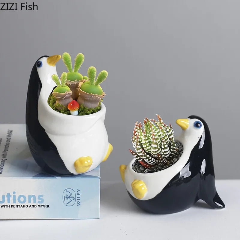 Afralia™ Penguin Ceramic Vase Small Plant Pots Room Decoration Flower Arrangement