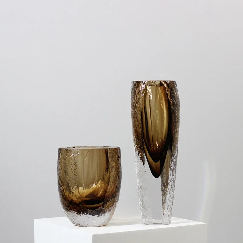 Afralia™ Brown Glazed Glass Vase Hammer Cut Decorative Handicraft Flower Arrangement Ornaments