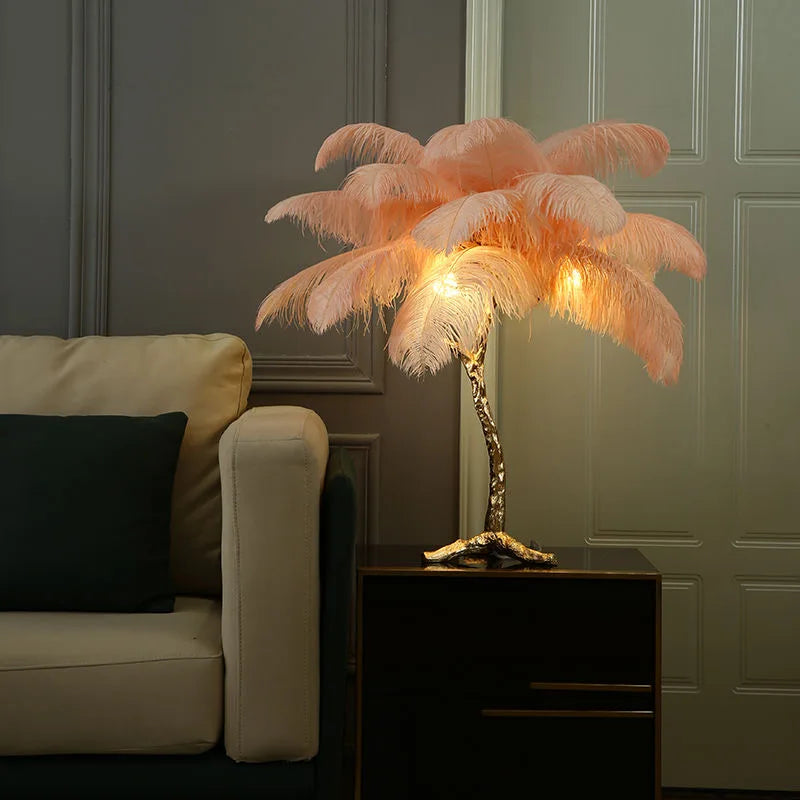 Afralia™ Luxury Ostrich Feather LED Floor Lamp Gold Resin Modern Nordic Living Room