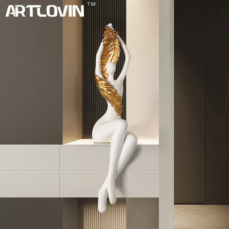 Afralia™ Large Nude Feathered Body Sculpture | Modern Abstract Sitting Figurine Statues