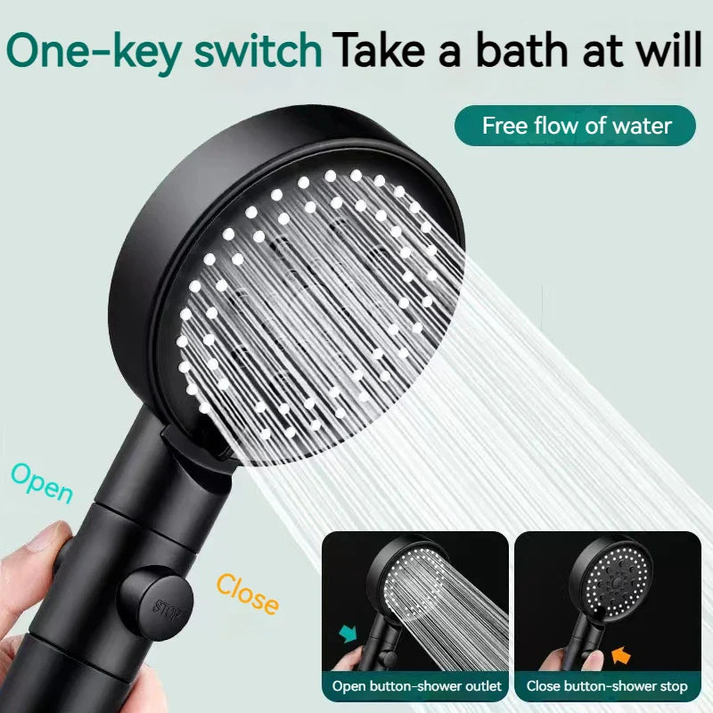 Afralia™ Black Round Shower Head 6 Modes High Pressure Hand-held Knobs Water Stop