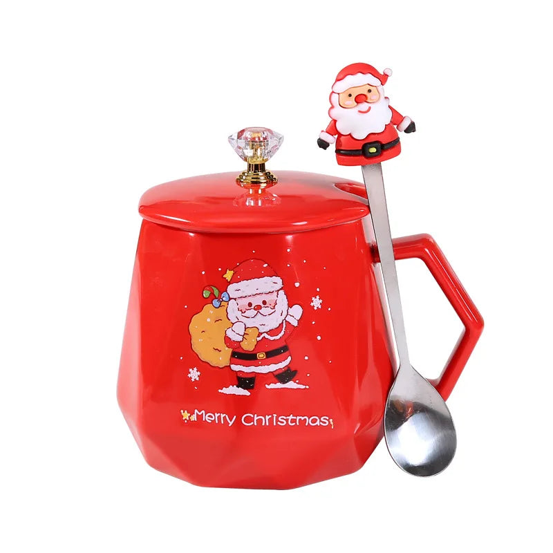 Afralia Christmas Ceramic Mug Set with Lid, Spoon - Festive Santa Claus & Elk Design