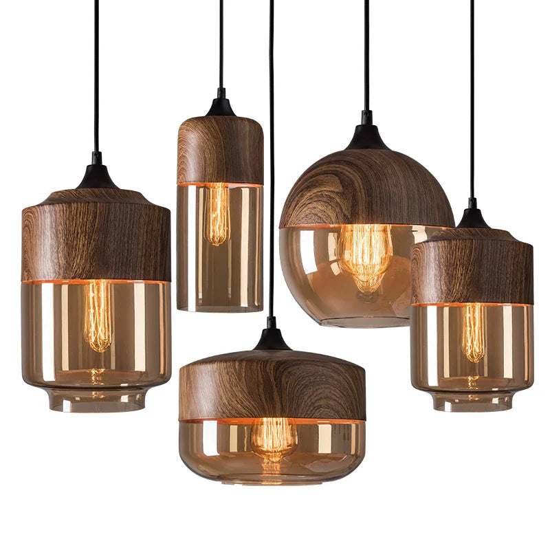 Afralia™ Nordic Vintage LED Glass Pendant Light - Loft Style Wood Grain Decoration