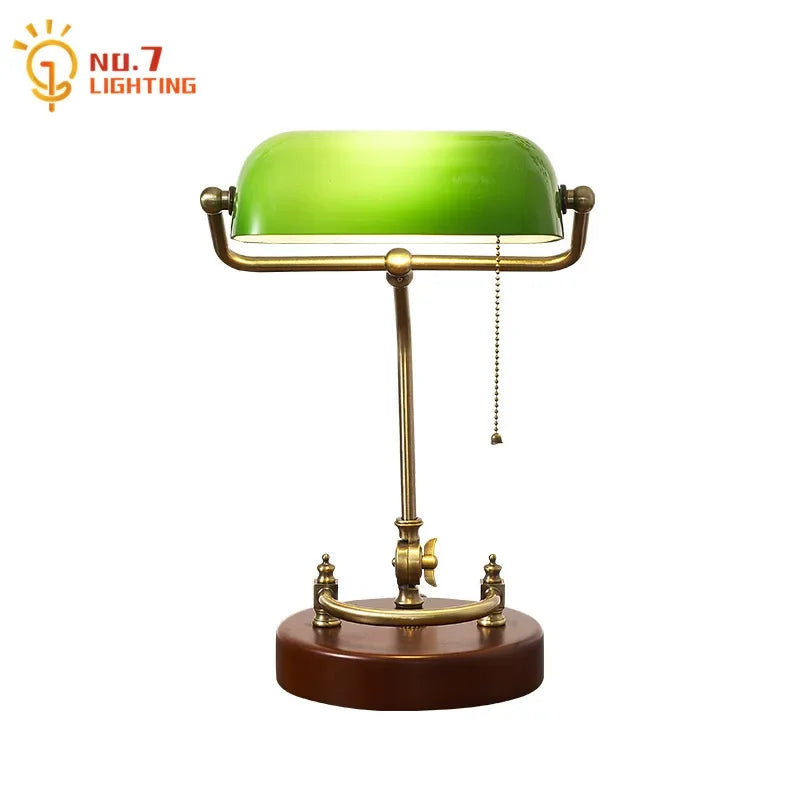 Afralia™ Vintage Metal Wood Bank Table Lamp Green Lampshade Art Decor Home Bedroom