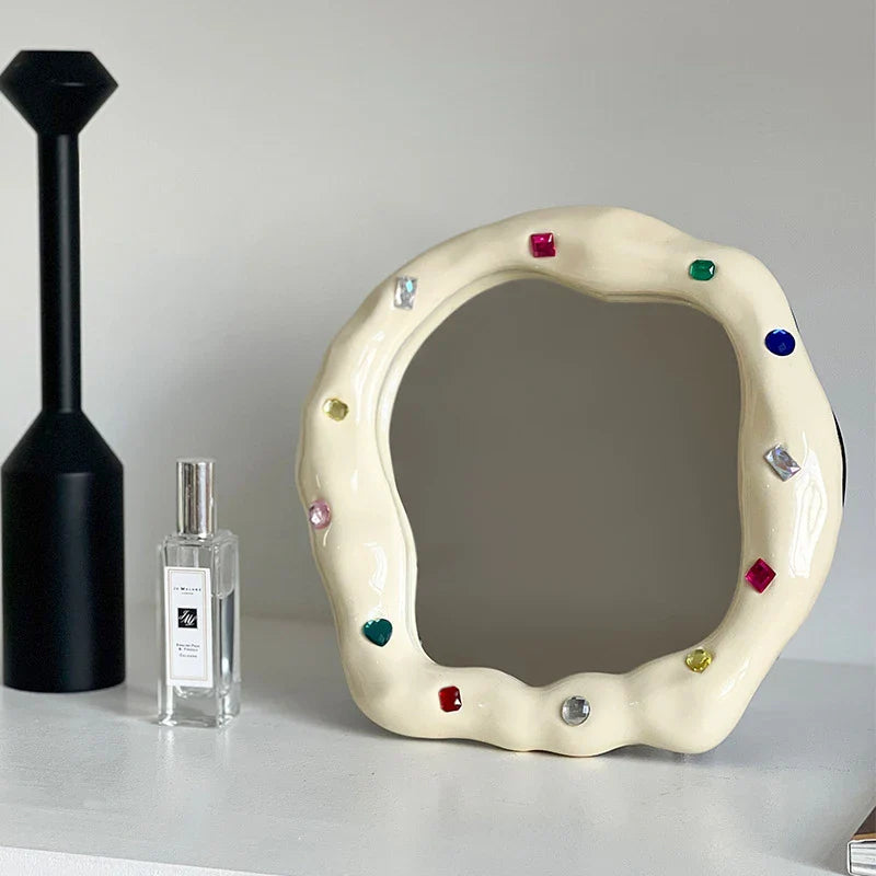 Afralia™ Irregular Edge Ceramic Makeup Mirror - Colored Stone Design - Home Decor