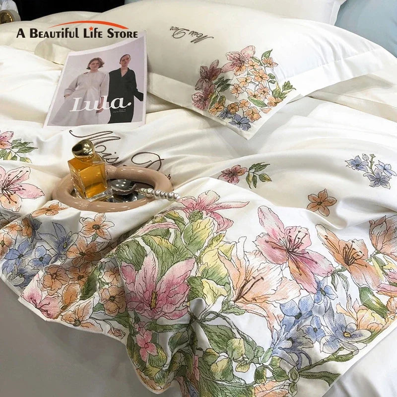 Afralia™ Egyptian Cotton Flowers Embroidery Luxury Bedding Set - Queen King Size