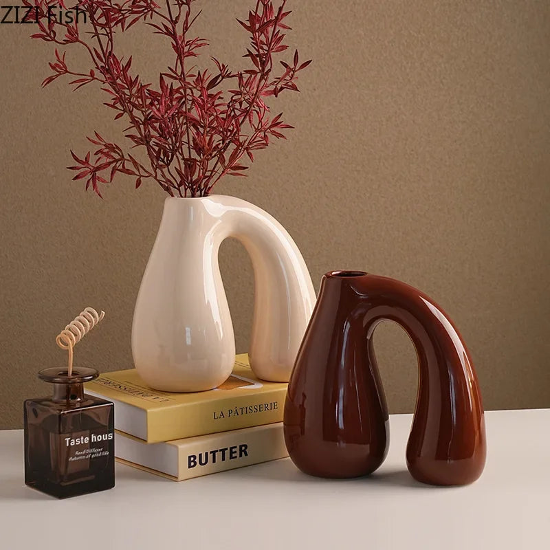 Afralia™ N-shape Ceramic Vase for Table Decoration and Hydroponics | Room Aesthetic Flower Vase