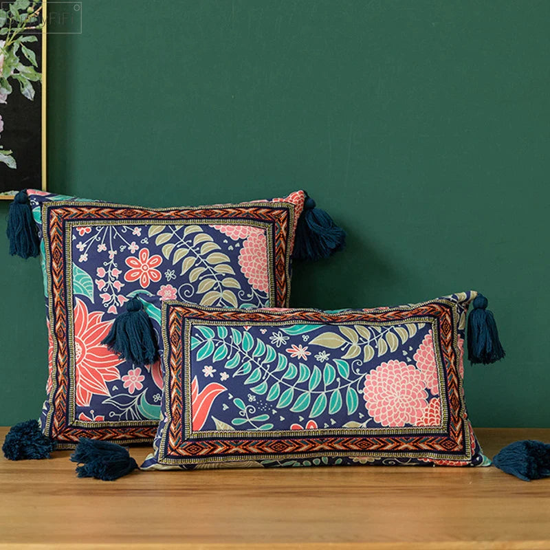 Afralia™ Vintage Floral Cushion Cover with Tassles for Home Decor