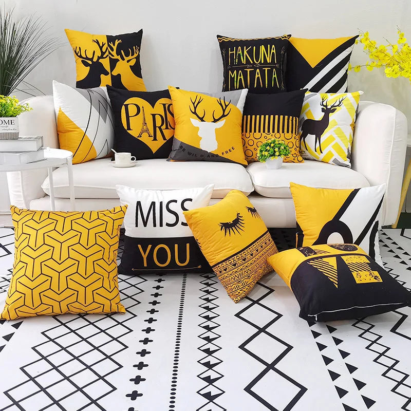 Afralia™ Yellow Geometric Patchwork Polyester Cushion Cover with Black Alphabet Letter