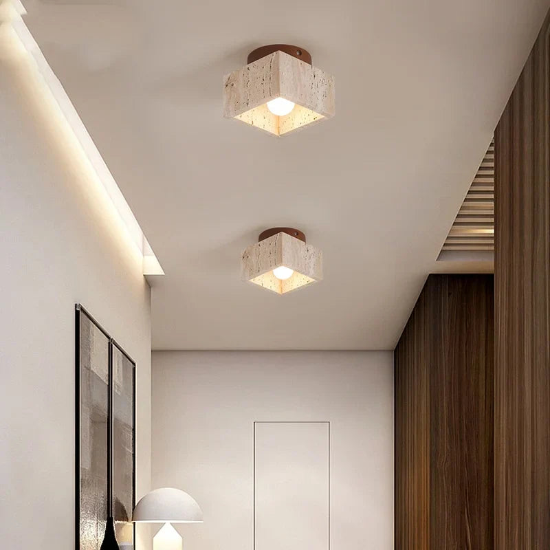 Afralia™ Yellow Travertine LED Ceiling Lamp Wood Canopy Nordic Modern Light Fixture