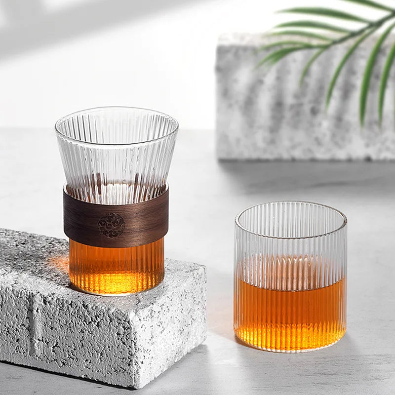 Afralia™ Ribbed Whiskey Glass Cup 300ml with Wood Sleeve - 10oz Heat Resistant Coffee Mug