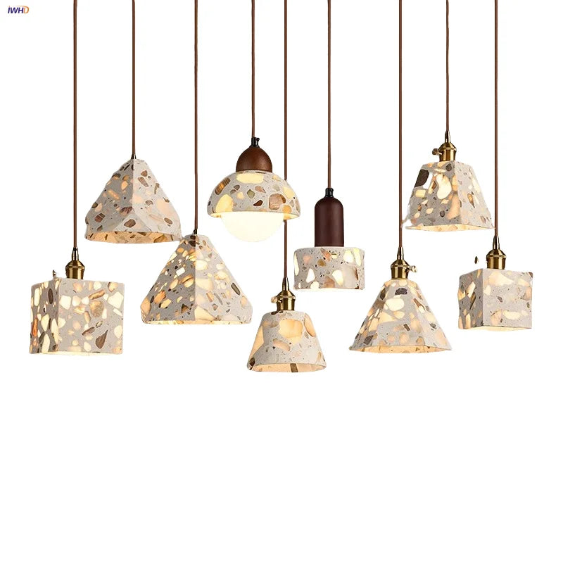 Afralia™ Terrazzo Stone Glass Pendant Light Fixture Wood Knob Switch LED Hang Lamp