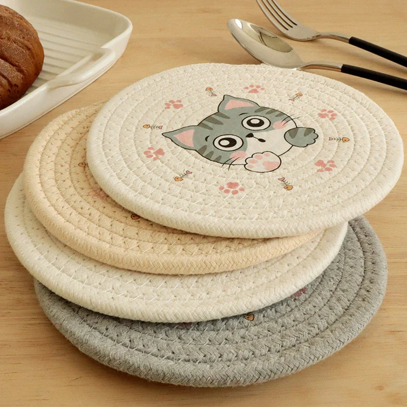 Afralia™ Cat Print Round Woven Coaster Cup Mat Table Heat Insulation Pad
