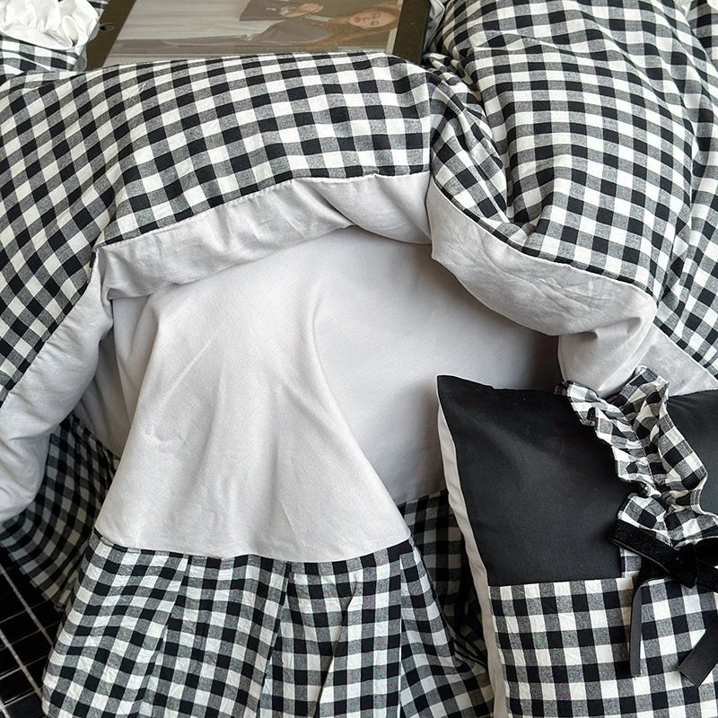 Afralia™ Checkered Ruffle Pleat Bedding Set with Bow Decoration