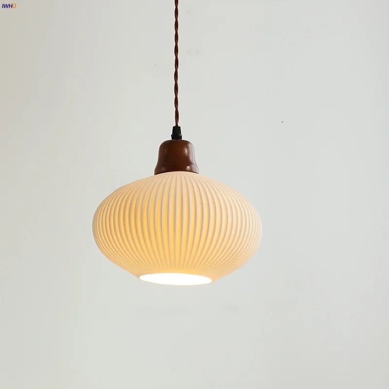 Afralia™ Nordic LED Pendant Light White Ceramic Walnut Wood Hanging Lamp