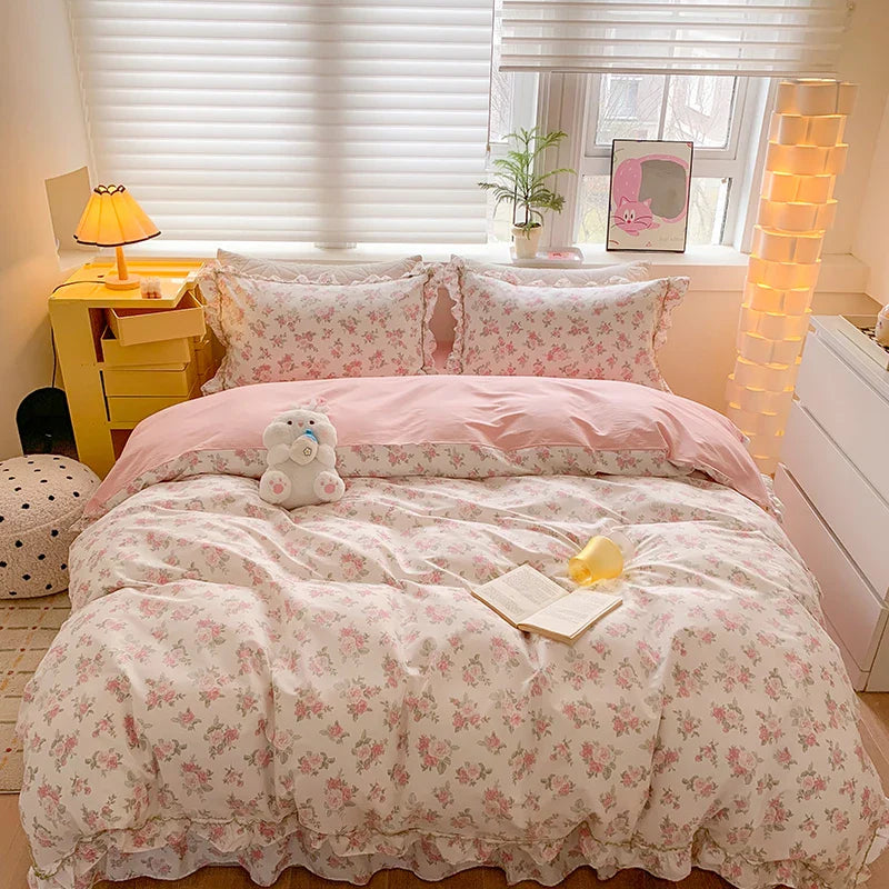 Afralia™ Floral Lace Ruffles Girl Bedding Set with Quilt/Duvet Cover, Sheet & Pillowcases