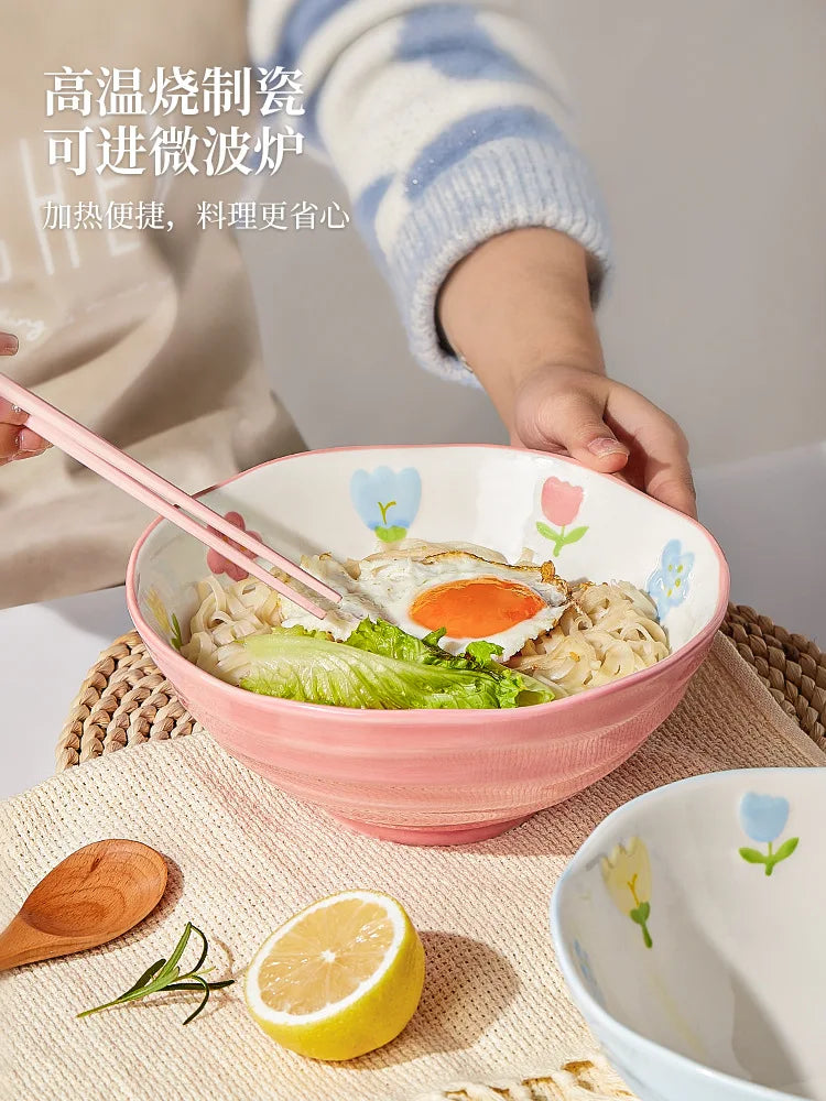 Afralia™ 7" Hand-Painted Ceramic Ramen Bowl - Large Noodle Bowl for Home & Restaurant
