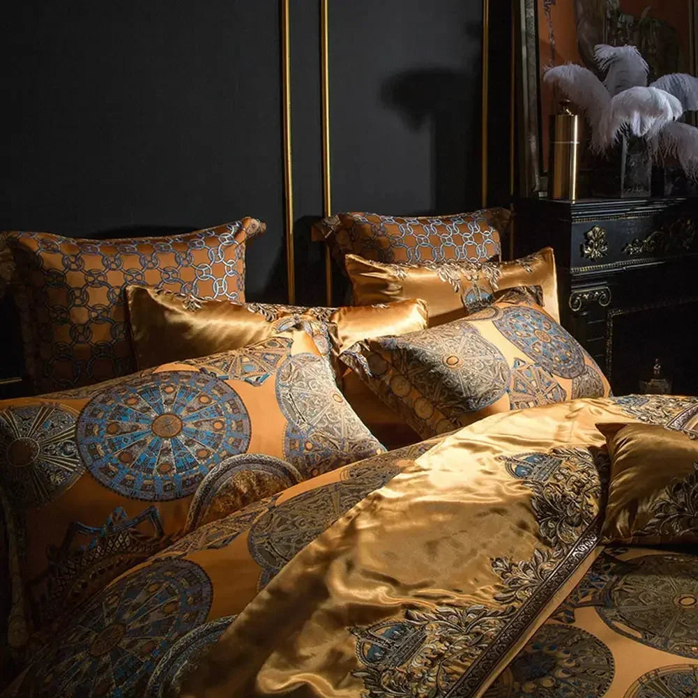 Afralia™ Golden Jacquard Baroque Bedding Set Queen King Size Linens - Sheet Pillowcase Comforter Cover