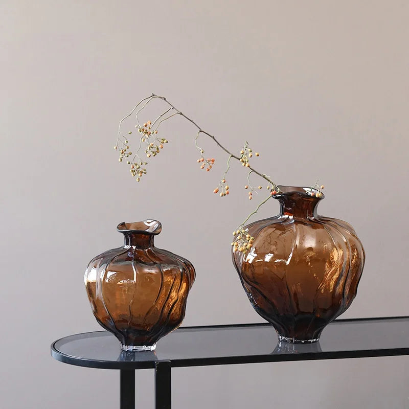 Afralia™ Brown Wavy Grain Glass Vase Terrarium Flower Home Decor Bottle