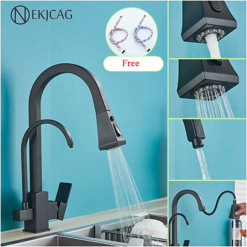 Afralia™ Matte Black Pull-Out Kitchen Faucet With Filtered Water, Cold and Hot Mixer