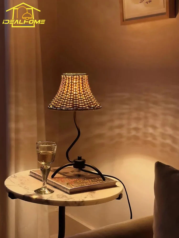 Afralia™ Retro Rattan Weaving Table Lamp LED E27 for Living Room Bedroom Décor.