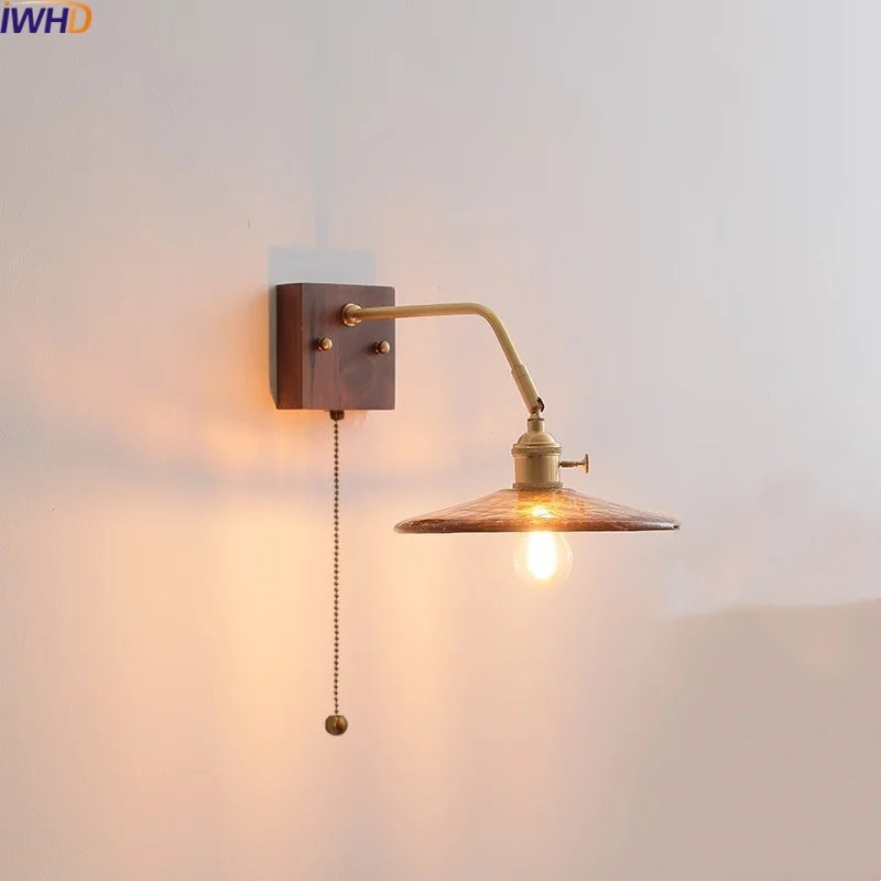 Afralia™ Walnut Copper LED Wall Lights Fixture with Pull Chain Switch - Modern Bedside Lamp