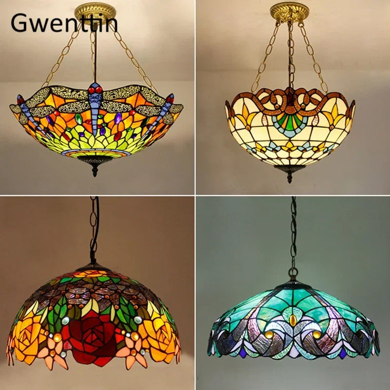 Afralia™ Mediterranean Tiffany Stained Glass Pendant Light Vintage Hanging Lamp Art Decor