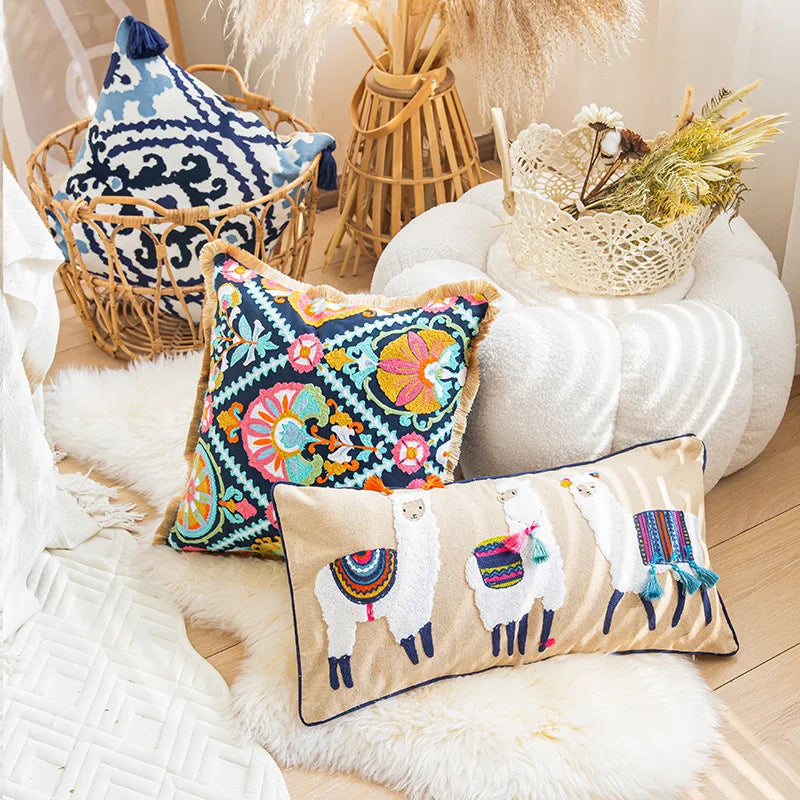 Afralia™ Boho Vintage Embroidered Lumbar PillowCase with Tassels