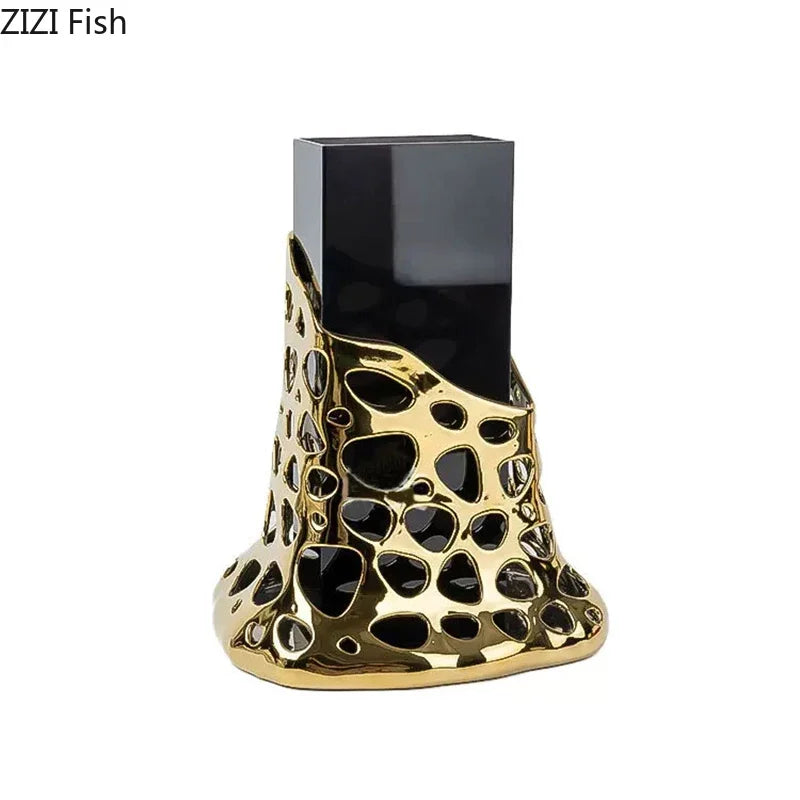 Afralia™ Gold Plated Hollowed Vase for Desk Decoration and Floral Arrangement