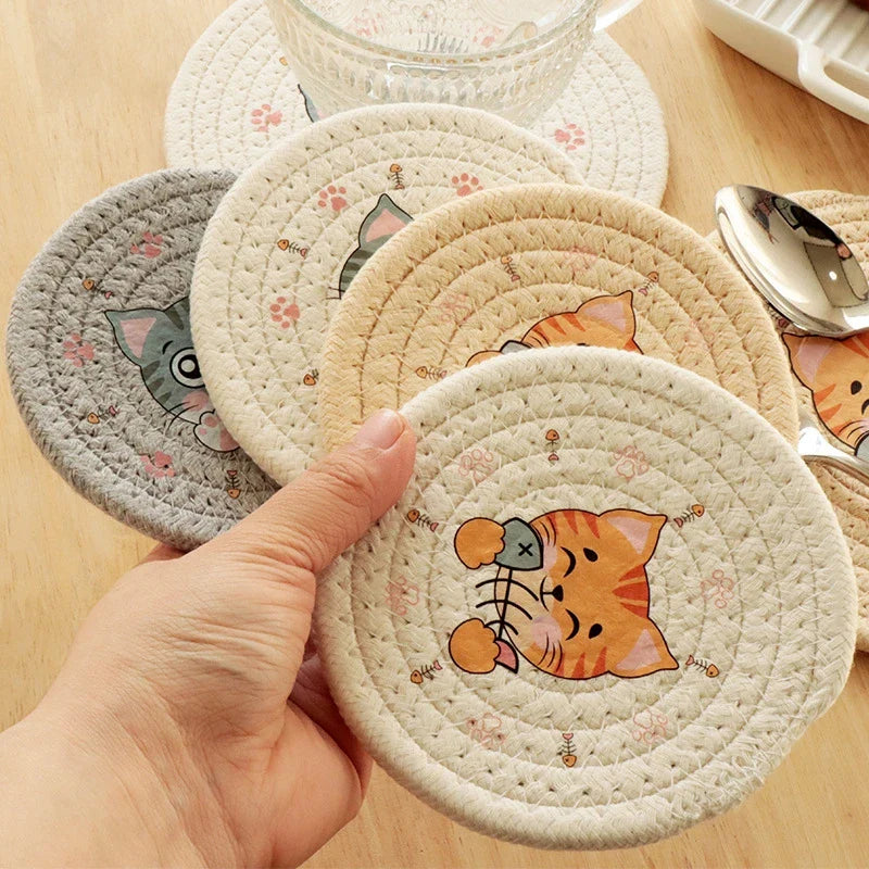 Afralia™ Cat Print Round Woven Coaster Cup Mat Table Heat Insulation Pad