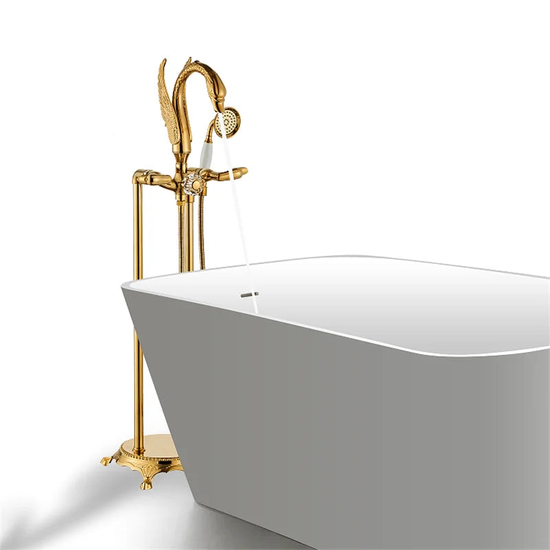 Afralia™ Gold Swan Bathtub Mixer with Handshower Head and 360° Rotation Spout