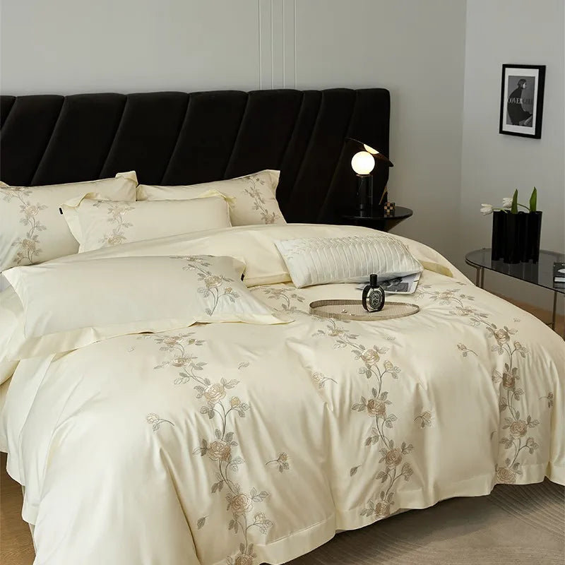 Afralia™ Rose Flowers Embroidery Luxury Egyptian Cotton Bedding Set