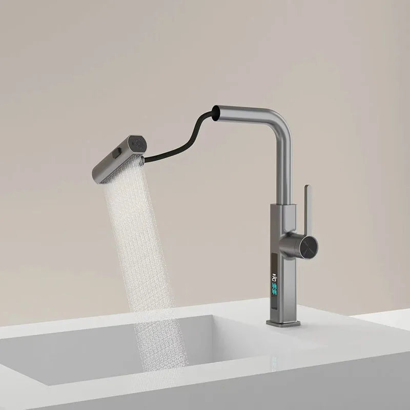 Afralia™ Digital Display Single Lever Brass Kitchen Faucet - Hot Cold Pull Out Mixer