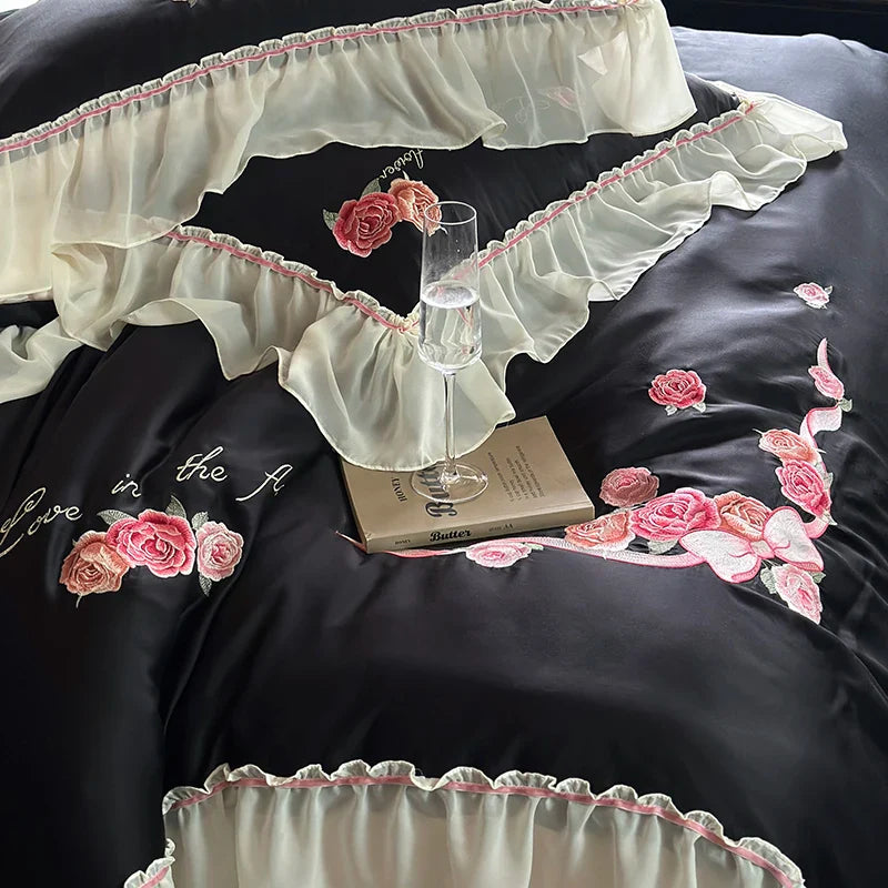 Afralia™ Floral Lace Princess Wedding Bedding Set with Lyocell Cotton Duvet Cover & Ruffles