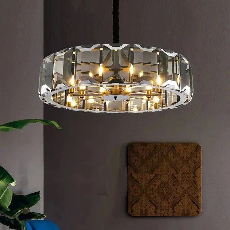 Afralia™ Smoke Grey LED Pendant Light for Living Room - Amber Crystal Lustre Chandelier