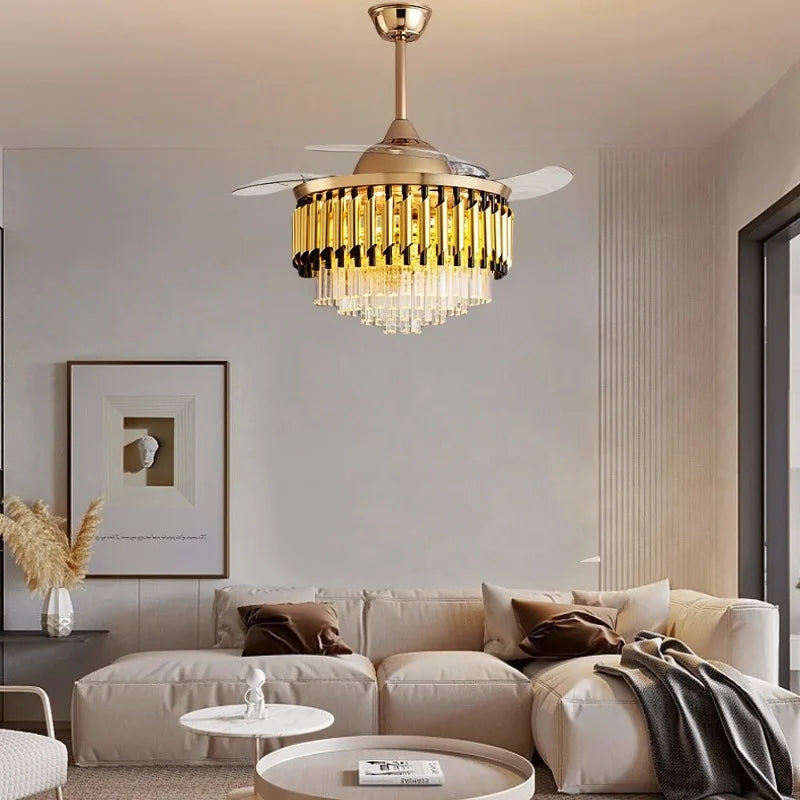 Modern Crystal Ceiling Fan with LED Chandelier & Remote Control, Retractable Blades by Afralia™