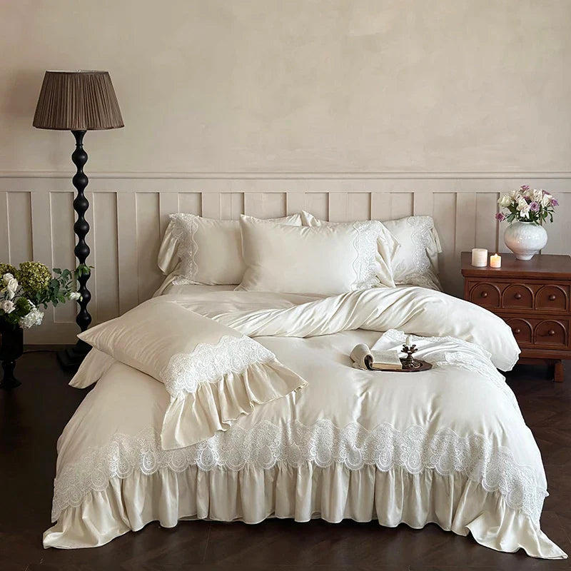 Afralia™ French Lace Ruffle Princess Wedding Bedding Set with Brushed Duvet Cover & 2 Pillowcases