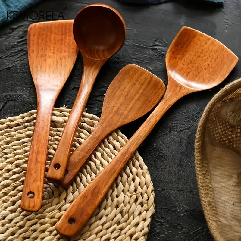 Afralia™ 4-Piece Wooden Kitchen Utensil Set | Eco-Friendly Cooking Spoons and Spatula