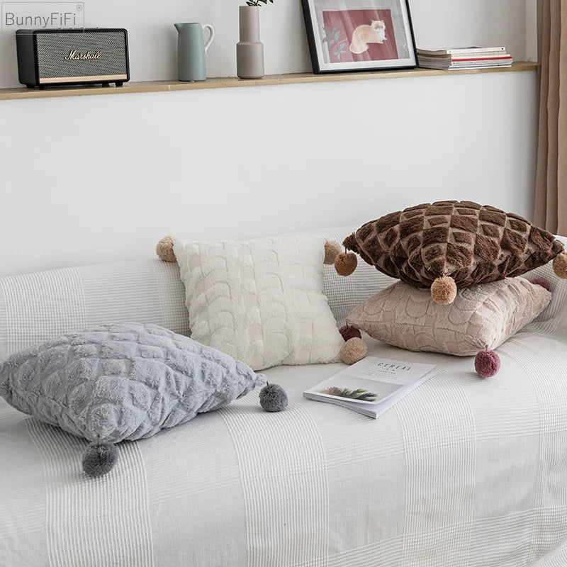 Afralia™ Pompom Ball Plush Cushion Cover 45x45cm - Pink Cream Diamond Arrow Theme