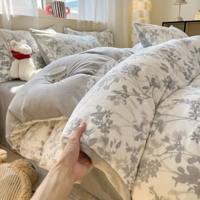 Afralia™ Plant Jacquard Milk Velvet Bedding Set: Warm Plush Duvet Cover Kit for Adults