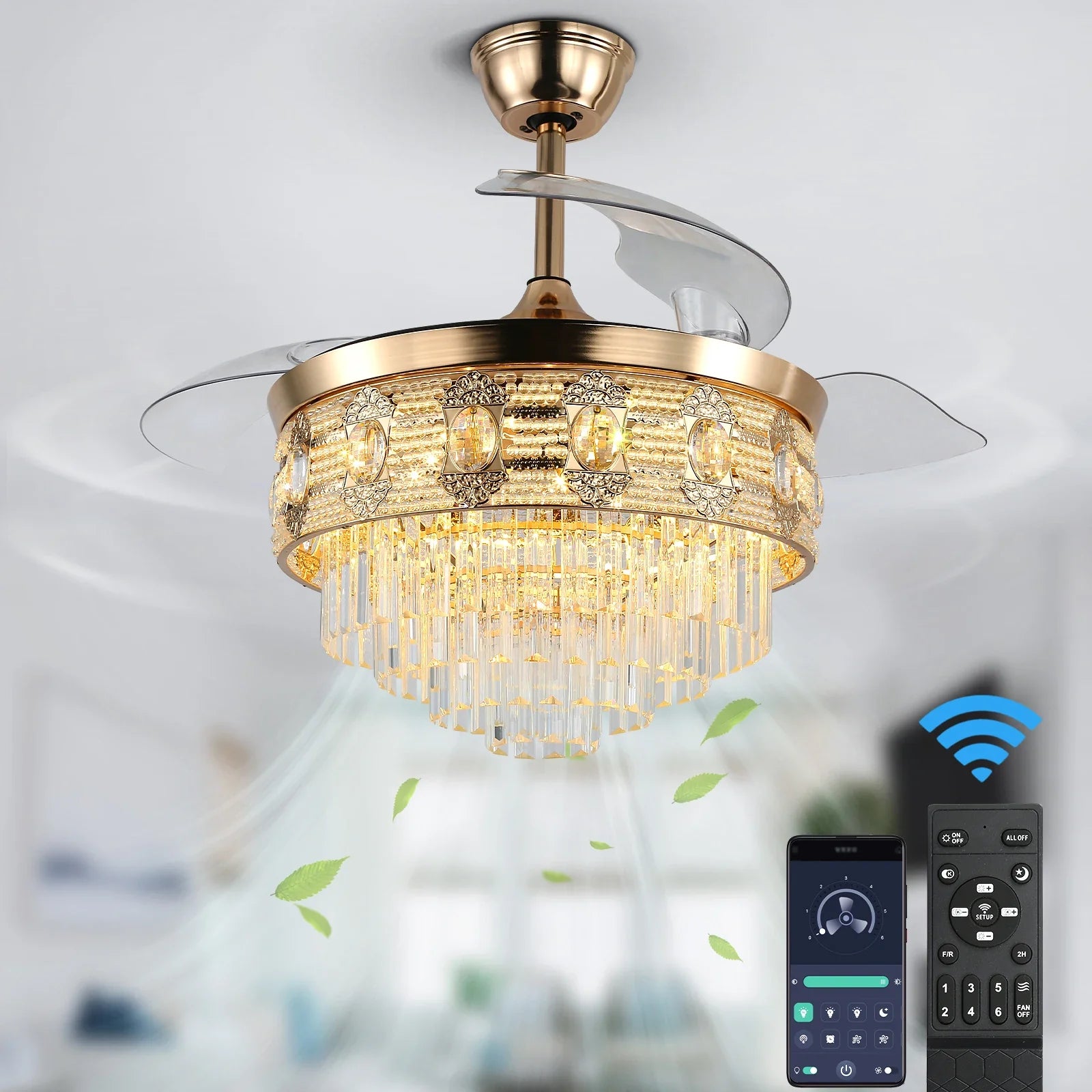 Afralia™ Gold Smart Ceiling Fan Chandelier with LED Lights, 6 Speeds, 3 Heads