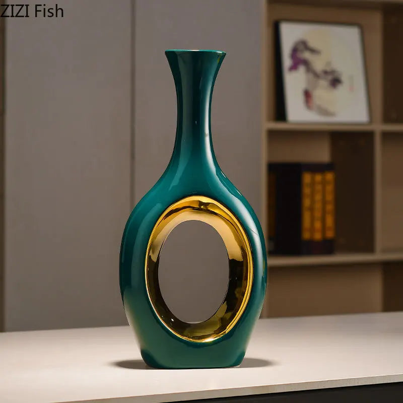 Afralia™ Gold Ceramic Vase with Artificial Flowers | Table Decoration | Room Aesthetic Decor