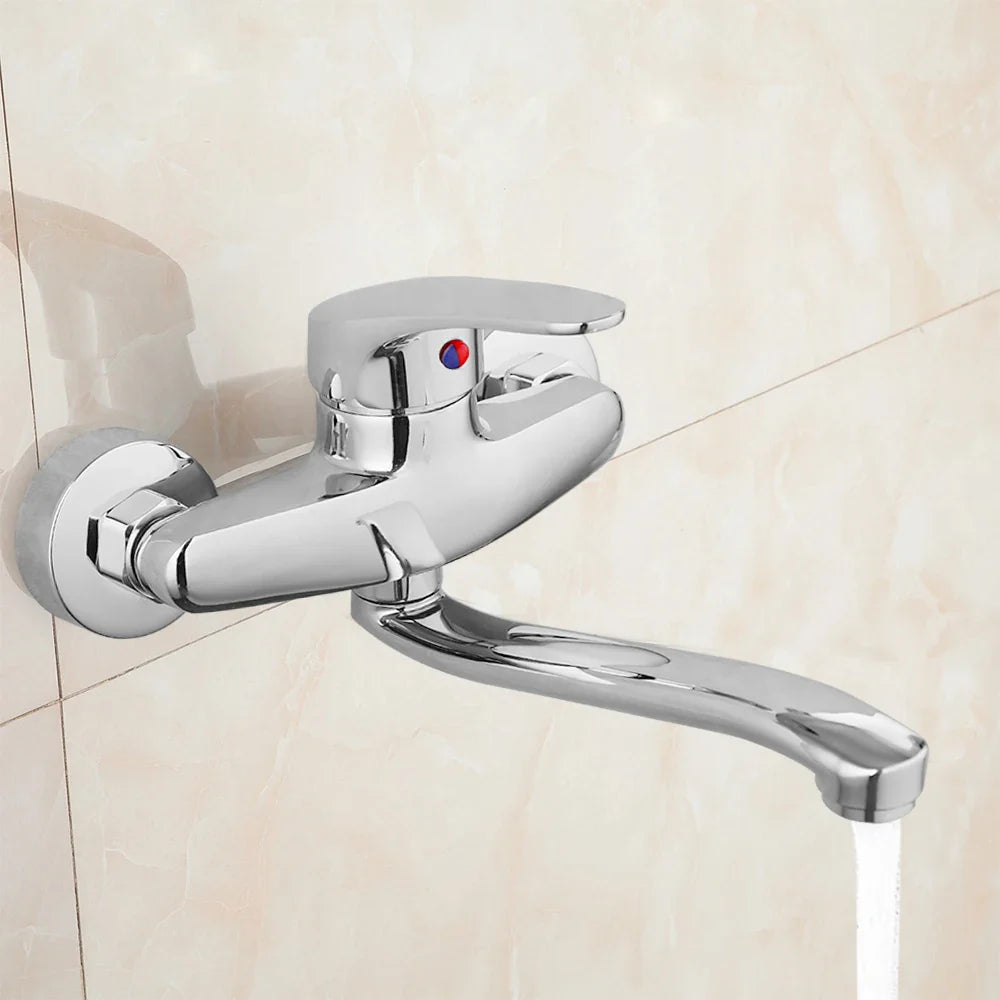 Afralia™ Chrome Brass Bathroom Basin Faucet Wall Mounted Mixer Bathtub Faucet 360 Swivel Spout