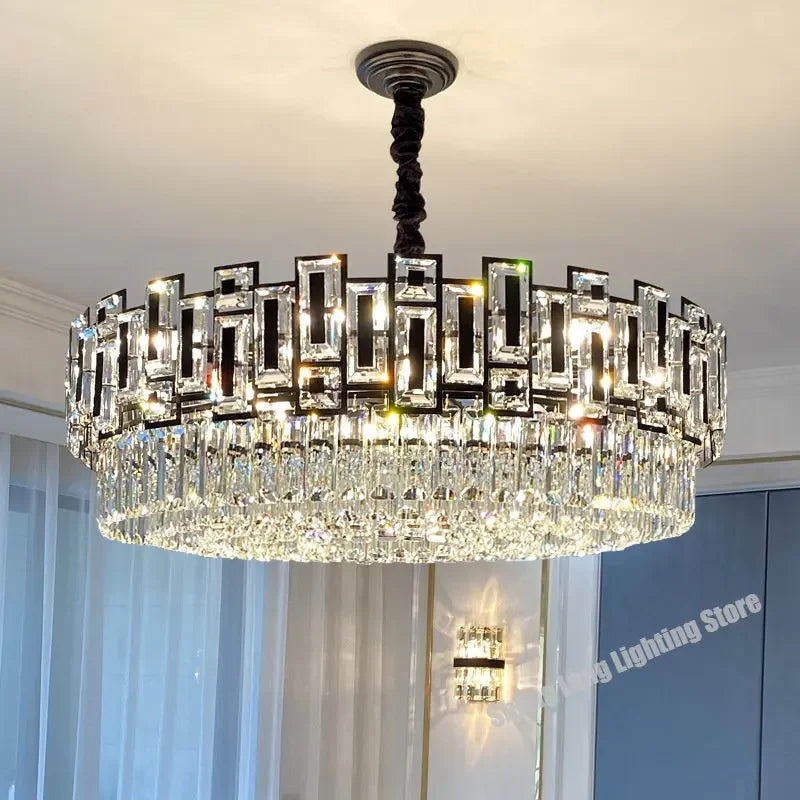 Afralia™ Crystal LED Chandeliers Black Round Pendant Light for Living Room Dining Indoor Kitchen Bedroom