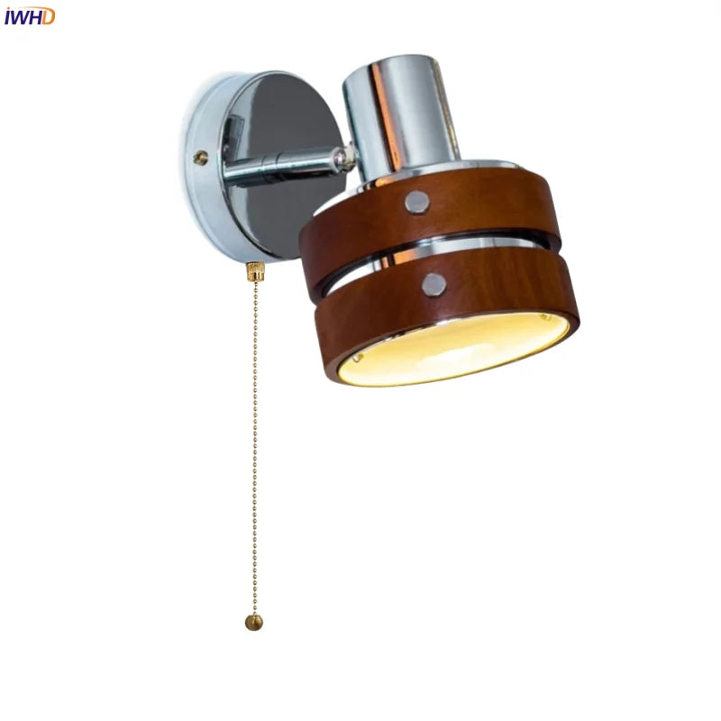 Afralia™ Vintage LED Wall Light Iron Wood Bedside Lamp Wandlamp