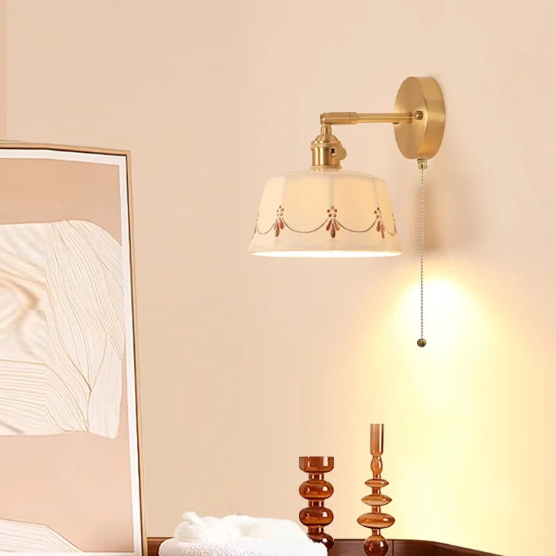 Afralia™ Ceramic LED Wall Lamps Pull Chain Switch Rotate Copper Vanity Light